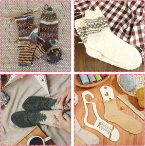 Detailed view of handmade knitted wool socks and wooden sock blockers for DIY craft projects.
