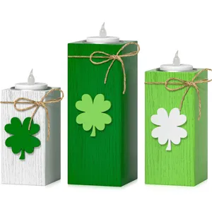 St. Patrick's Day wooden candle holder set with LED tea lights and clover decor for table