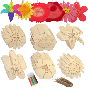 60 Stk unfertige Holzarbeiten Blumen Ausschnitt Set mit bunten Markern und Kordel für Kinder