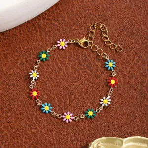 Juego de Joyas Floral Margarita Esmalte Aleación Color Caramelo Fresco Collar Pulsera Pulsera con Anillo para Mujer Verano Accesorios