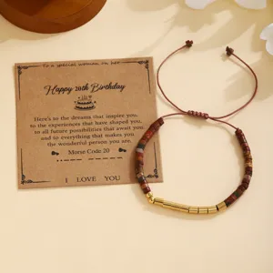 Pulsera trenzada con código Morse, piedra natural y cuentas doradas regalo de cumpleaños.