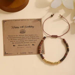 Pulsera de cumpleaños Morse de piedra natural con cuentas de acero y tarjeta de regalo.