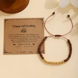 Pulsera de Cumpleaños con Código Morse de Piedra Natural de Acero Inoxidable Pulsera de Cadena de Cuerda de Nailon Tejido Con Tarjeta de Felicitación Regalo para Mujer
