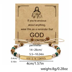 Bracelet gravé géométrique en acier inoxydable avec perles de pierre et cordon réglable.
