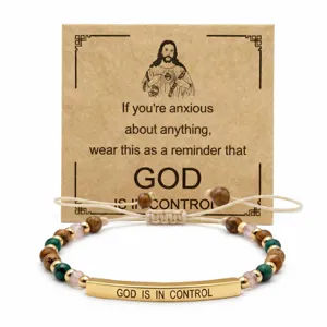 Bracelet Gravé en Tube Courbé Géométrique en Acier Inoxydable Corde à Main Réglable en Pierre Naturelle Bijoux Inspirants Cadeau Religieux Unisexe