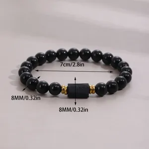 Natural obsidian and tourmaline beaded bracelet with gold spacers and size details.