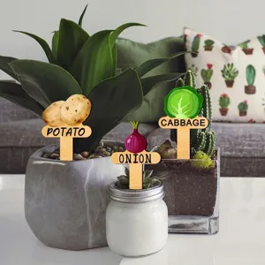 Wooden plant markers set with cute vegetable shapes, ideal for potted plants and garden decor.