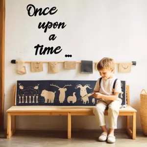 Detail shot of a cozy living room wall decor with wooden hanging props and a wall quote slogan.