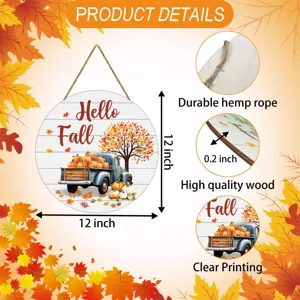 Detail view of Thanksgiving pumpkin wooden hanging sign featuring durable hemp rope and clear fall printing.