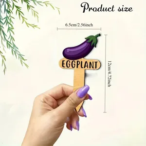 Wooden eggplant plant marker detail view, garden sign decor, approx 12x6.5cm size showcase.