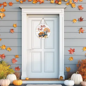 Fall wooden door sign with pumpkin and maple leaf for autumn home wall hanging decor
