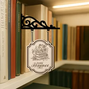 Holz Bücherregal Schild Detail, gotisches Totenkopf Rosen Design mit schwarzer Halterung.