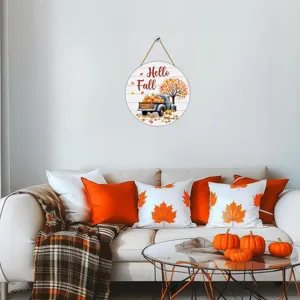 Autumn wooden hanging sign for front door wall decor with harvest pumpkin truck design.