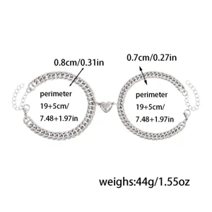 Stainless steel magnetic heart Cuban chain couple bracelet detail showing dimensions and weight.