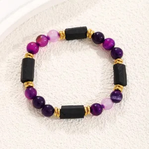 Natural Stone Beaded Bracelet Stainless Steel Geometric Tourmaline Amethyst Obsidian Volcanic Rock Shoushan Turquoise Bracelet For Unisex
