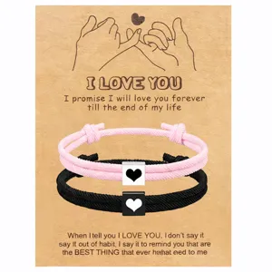 Pulseras de Cuerda a Juego con Forma de Corazón y Cuadrado de Aleación de Nailon para Parejas Juego de Pulseras de Dijes Ajustables Tejidas a Mano Regalo