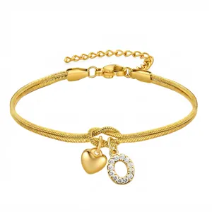 Braccialetto a Catena di Serpente con Nodo in Acciaio Inossidabile di Moda Con Lettera dell'Alfabeto in Strass e Ciondolo a Cuore Gioielli Regalo per Donna