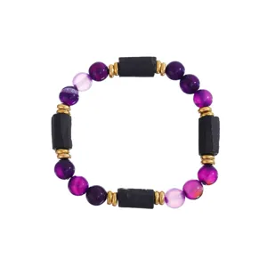 Stunning purple agate and black stone beaded bracelet with elegant gold spacers for women.