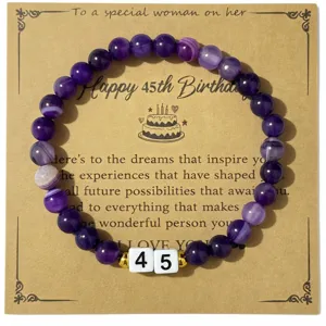 Hermosa pulsera de cuentas de piedra morada para regalo de cumpleaños con bonita tarjeta.