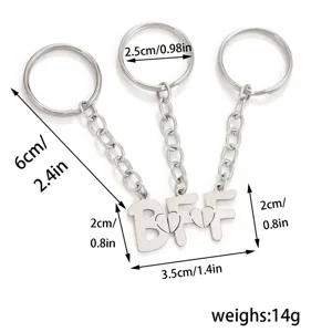 Stainless steel BFF letter heart keychain set for best friends with size details.