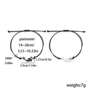 Pulseras de pareja tejidas a mano Tai Chi Yin Yang pez cordón negro y blanco joyería.