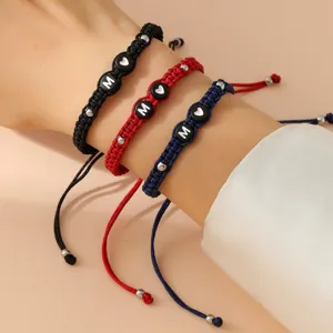 Braccialetto di Coppia a Cuore con Alfabeto Intrecciato a Mano per Donna Uomo Cavo in Nylon Minimalista Perla in Acciaio Inossidabile Nodo Piatto Gioielli Regalo