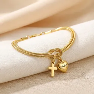 Roestvrij Stalen Hart Kruis Knoop Armband Voor Vrouwen MUM Gegraveerde Liefde Slangenketting Armband Moederdag Sieraden Cadeau