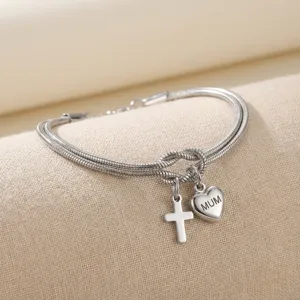 Roestvrijstalen dubbellaagse knoop armband met kruis en MUM hart bedel cadeau