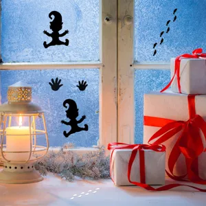 Christmas gnome window stickers with elf footprints and gift box decor for holiday home use.