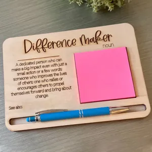 Wooden sticky note holder desk organizer with engraved motivational text and pen slot.
