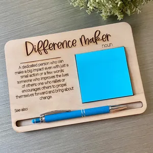 Wooden sticky note holder detail, engraved desk organizer with pen and paper pad for gift.