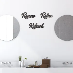 Set 3 insegne in legno per bagno, Relax Renew Refresh decorazione murale rustica.
