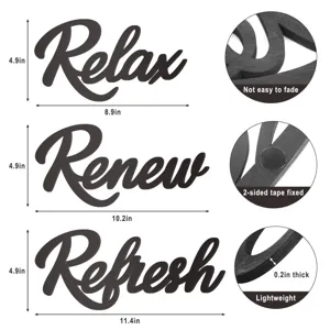 Set di 3 insegne da bagno in legno relax renew refresh con dettagli e dimensioni chiare.
