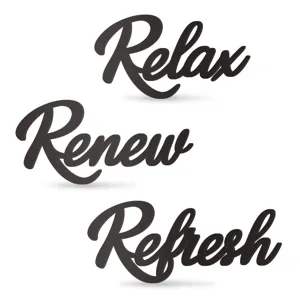 Set di 3 targhe da parete in legno per bagno con scritte Relax, Renew e Refresh.