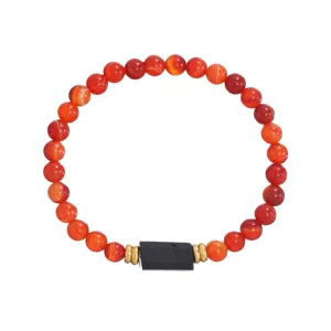 Red agate gemstone beaded bracelet for women with black tourmaline and gold spacers