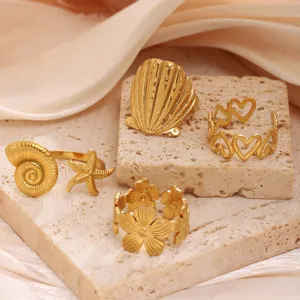 18K Vergoldet Edelstahl Offener Ring Für Damen Verstellbar Muschel Seestern Blume Herz Meeresstil Schmuck Ring Geschenk