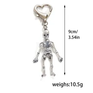 Porte-clés squelette en alliage avec fermoir cœur, charm de sac gothique en métal 9 cm