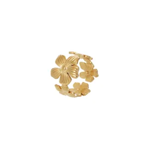 18K Vergoldet Edelstahl Blumen Offener Ring Verstellbar Floral Schmuck Damen Neu