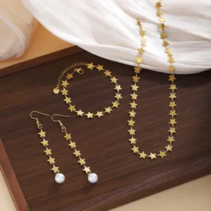 Set Gioielli Stella Acciaio Inossidabile Collana Bracciale Orecchini Nappa Perla Artificiale per Donna Oro Argento Gioielli Stella