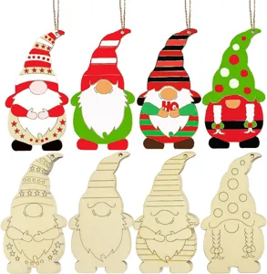 Wooden Christmas gnome ornaments, unfinished blank DIY wooden crafts with hanging jute ropes.