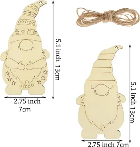 Close-up detail of unfinished wooden Christmas gnome ornaments with twine and size dimensions.