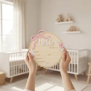 Wooden newborn birth announcement plaque with pink bow and floral decor for baby photo props