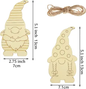 Wooden gnome hanging ornament detail, unfinished blank Christmas tree decor with natural twine.