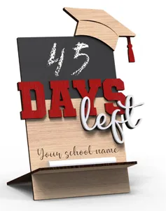 Wooden graduation countdown sign desk decor with customizable school name and academic cap.