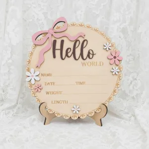 Wooden baby birth announcement plaque with cute bow, perfect newborn photography photo prop.