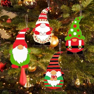 Christmas wooden gnome hanging ornaments detail showing festive tree decoration props.