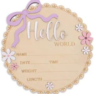 Wooden Baby Birth Milestone Plaque Newborn Photography Prop Hello World Announcement Sign Nursery Decor Keepsake