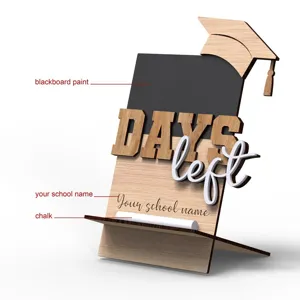 Wooden graduation countdown sign detail showing blackboard paint and chalk holder design.