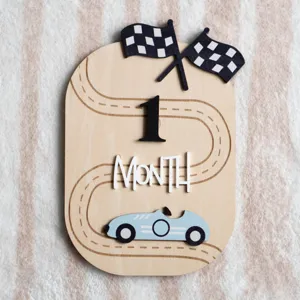 Wooden baby monthly milestone card newborn racing theme photo prop monthly record plaque 1 month