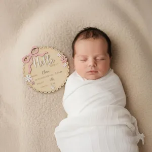 Wooden newborn birth announcement sign baby photography prop with pink bow and name